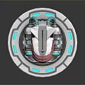 Futuristic Mechanical Robot Game and Movie Character with Glowing Red Blue Accents and Circular Base
