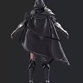 Woman In Black Armor Costume With Long Cloak Metallic Details And Tall Boots