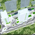 Modern Commercial Street With Tall Buildings Curved Roadways Greenery And Plaza Lighting