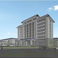 Modern Multi Storey Office Building With Glass Curtain Walls Front Parking And Landscaping