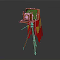 Vintage Wooden Camera with Red Tripod and Black Cloth Cover