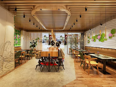 Elegant Restaurant Interior With Wooden Ceiling Hanging Lights Wall Decorations And Plants 3d model