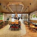 Elegant Restaurant Interior With Wooden Ceiling Hanging Lights Wall Decorations And Plants