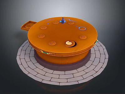 Circular Orange Object With Holes On Surface Spiral Center And Gray Brick Base 3d model