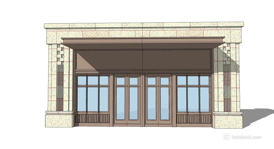 Elegant Entry Door With Glass Panels Brown Frame And Stone Facade Canopy 3d model 