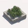 Garden Ornament Featuring Square Concrete Planter With Green Shrubs And Small Stones