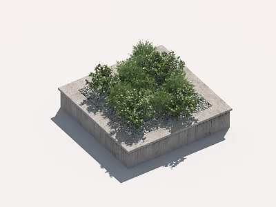 Garden Ornament Featuring Square Concrete Planter With Green Shrubs And Small Stones 3d model