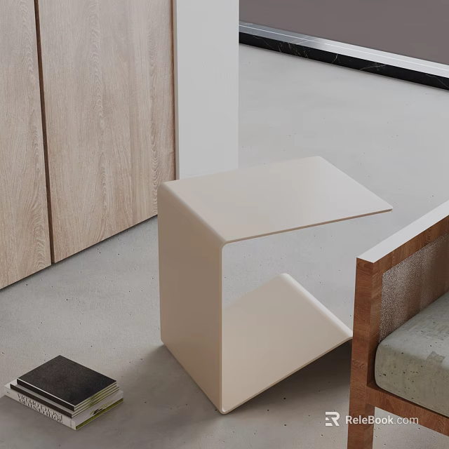 Modern Light Beige Side Table With Minimalist Design Next To Wooden Cabinet And Grey Floor 3d model 