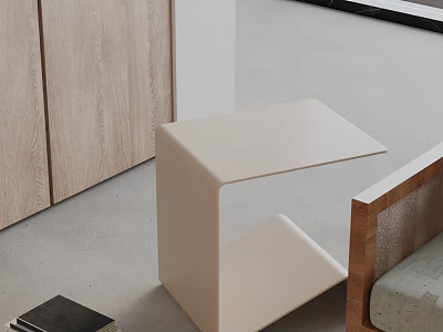 Modern Light Beige Side Table With Minimalist Design Next To Wooden Cabinet And Grey Floor 3d model