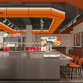 Modern Hotpot Restaurant Interior With Orange Gray Counter Menu Display And Colorful Wall Art