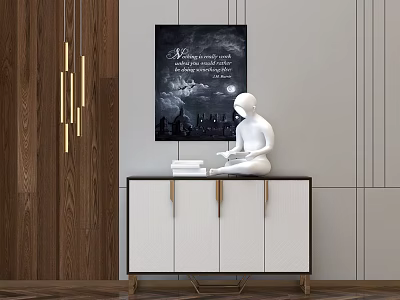 Modern White Console Table With White Sculpture Books And Wall Art On Wooden Wall 3d model
