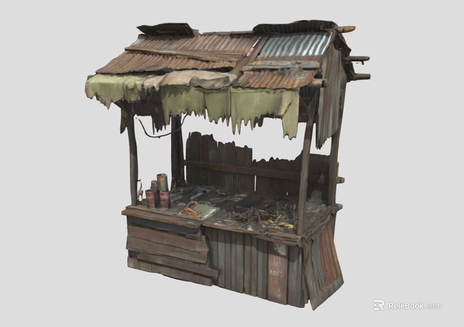 Rustic Vendor Stall With Weathered Wooden Planks Tattered Corrugated Metal Roof And Items 3d model 