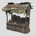 Rustic Vendor Stall With Weathered Wooden Planks Tattered Corrugated Metal Roof And Items