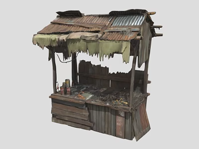 Rustic Vendor Stall With Weathered Wooden Planks Tattered Corrugated Metal Roof And Items 3d model