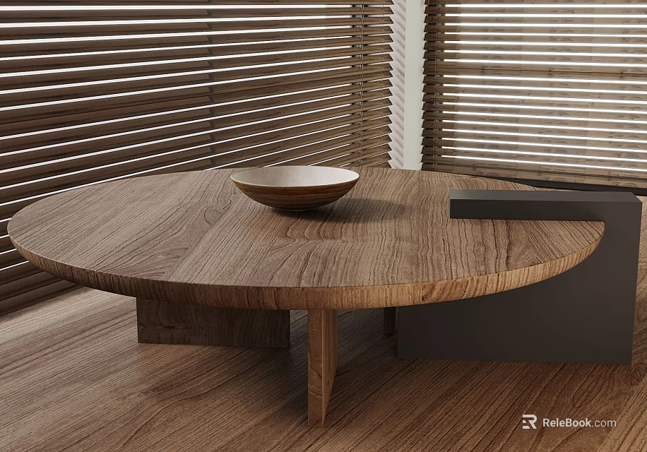 Wooden Round Table With Bowl In Interior Featuring Wooden Floor And Window Blinds 3d model 