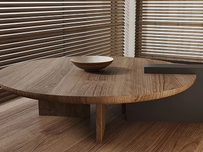 Wooden Round Table With Bowl In Interior Featuring Wooden Floor And Window Blinds 3d model