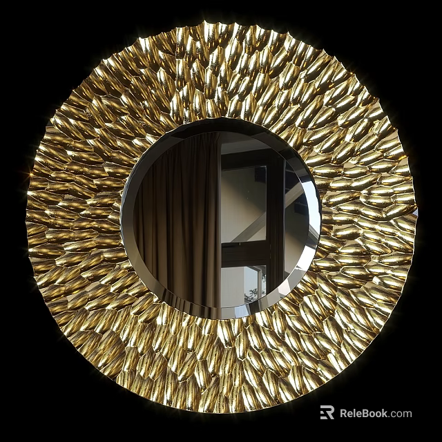 Round Golden Mirror with Feather Like Decorative Frame for Modern Interior Decor 3d model 