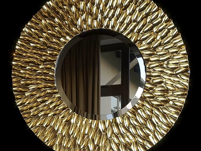 Round Golden Mirror with Feather Like Decorative Frame for Modern Interior Decor 3d model