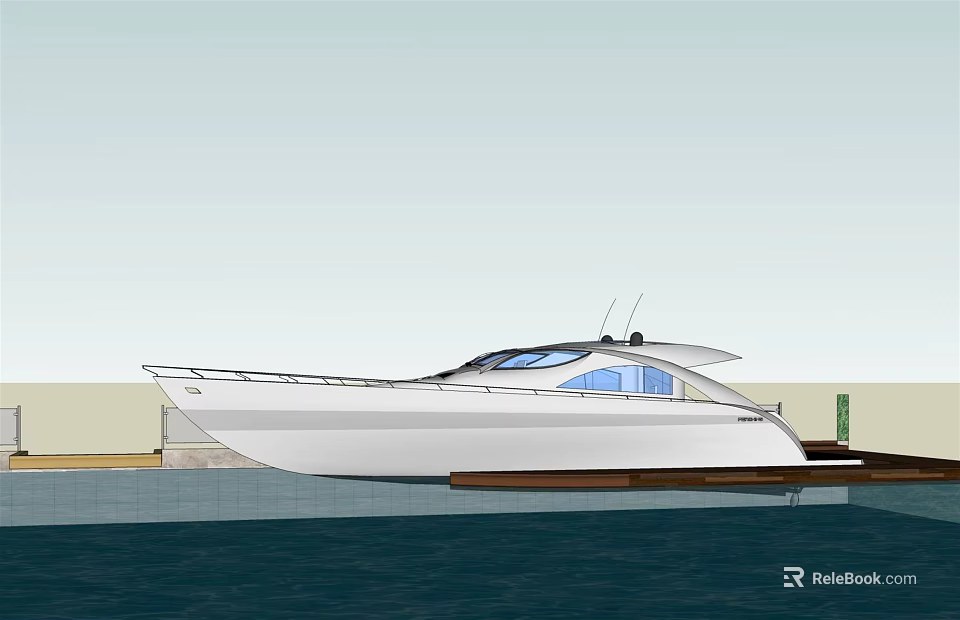 Luxury White Yacht With Blue Windows Docked At Marina By Water 3d model 