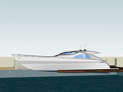 Luxury White Yacht With Blue Windows Docked At Marina By Water 3d model