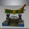 Decorative Scene Entrance Structure With Wooden Doors Stone Pillars Blue Base And Colorful Decorations
