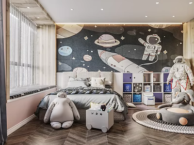 Space Themed Kids Room With Astronaut Rocket Planets Wall Mural Bed And Stuffed Toys 3d model