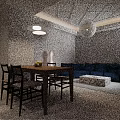 Modern Living Dining Room Interior With Blue Sofas Marble Coffee Table TV And Dining Table