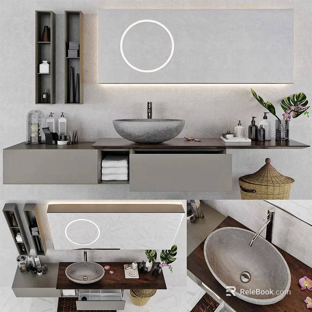 Modern Bathroom Vanity With Marble Basin Round Mirror Toiletries And Potted Plants 3d model 