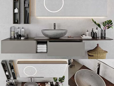 Modern Bathroom Vanity With Marble Basin Round Mirror Toiletries And Potted Plants 3d model