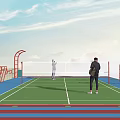 People Exercising In Outdoor Fitness Training Area With Green Field And Red Bars