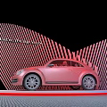 Showcase Shelf Displaying Red Beetle Car with Striped Design and White Platform 3d model