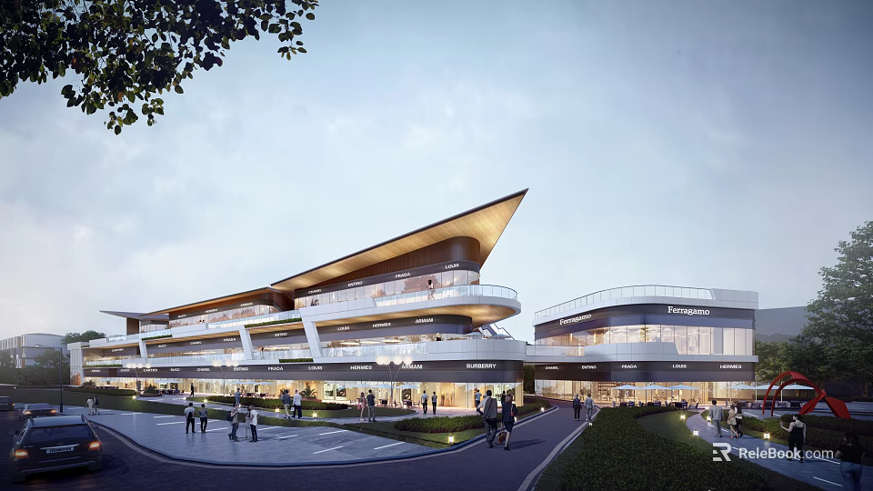 Modern Commercial Street With Contemporary Architecture Pedestrian Walkways And Retail Shops 3d model 