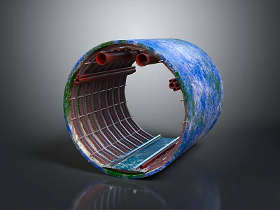 Cylindrical Structure Featuring Blue Green Exterior Metal Grid Interior And Red Pipe Connections 3d model