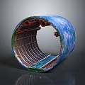 Cylindrical Structure Featuring Blue Green Exterior Metal Grid Interior And Red Pipe Connections