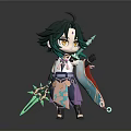 Chibi Character With Green Hair Yellow Eyes Patterned Outfit Holding Weapon On Dark Background