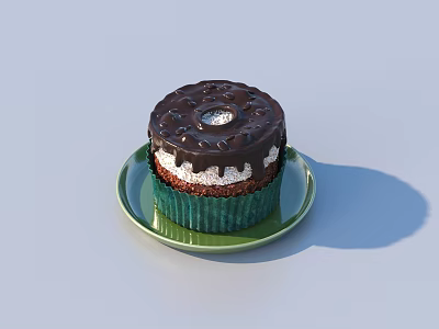 Tasty Chocolate Cake with Chocolate Frosting and White Cream Layer on Green Plate 3d model