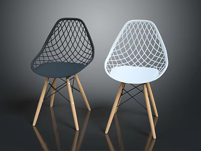 Stylish Modern Black and White Chairs Featuring Mesh Design and Wooden Legs 3d model