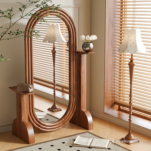 Wooden Framed Mirror In Modern Room With Floor Lamp Vase And Window Blinds 3d model 