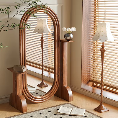 Wooden Framed Mirror In Modern Room With Floor Lamp Vase And Window Blinds 3d model