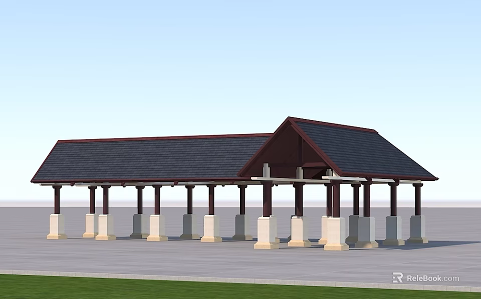 Open Air Pavilion Walkway Featuring Dark Roof Stone Columns And Grass Surroundings 3d model 