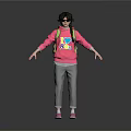 Woman in Pink Hoodie with Colorful Heart 80s Print Green Backpack Gray Pants Pink Shoes