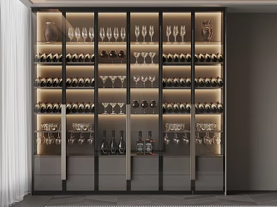 Modern Wine Cabinet With LED Lighting Glass Doors Wine Bottles And Wine Glass Storage Shelves 3d model