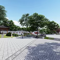 Serene Garden Landscape With Traditional Pavilion Lush Trees Purple Flowers And Stone Paths