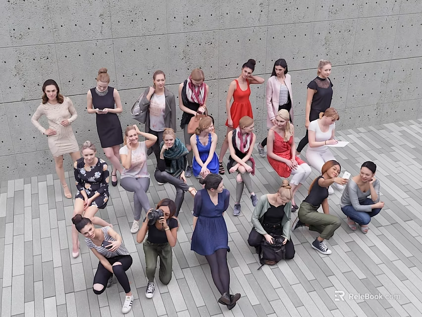 Group of People Posing in Different Styles on Tiled Floor Against Concrete Wall Wearing Various Outfits 3d model 