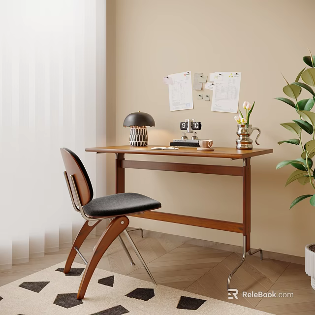 Home Office Wooden Desk With Black Table Lamp Camera Decor Wall Notes And Green Plant 3d model 