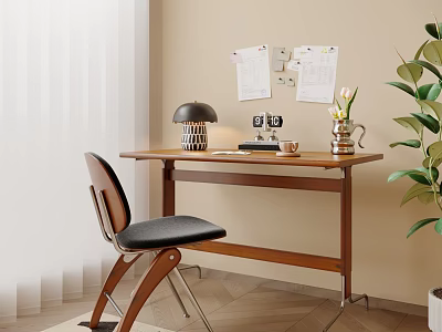 Home Office Wooden Desk With Black Table Lamp Camera Decor Wall Notes And Green Plant 3d model