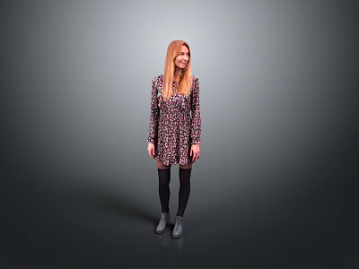A red haired woman wearing patterned dress black stockings and gray shoes against gray background 3d model