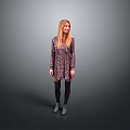 A red haired woman wearing patterned dress black stockings and gray shoes against gray background