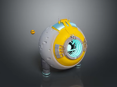 Futuristic Spherical Device With White Yellow Body Blue Accents Circular Opening And Small Yellow Sphere 3d model