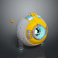 Futuristic Spherical Device With White Yellow Body Blue Accents Circular Opening And Small Yellow Sphere